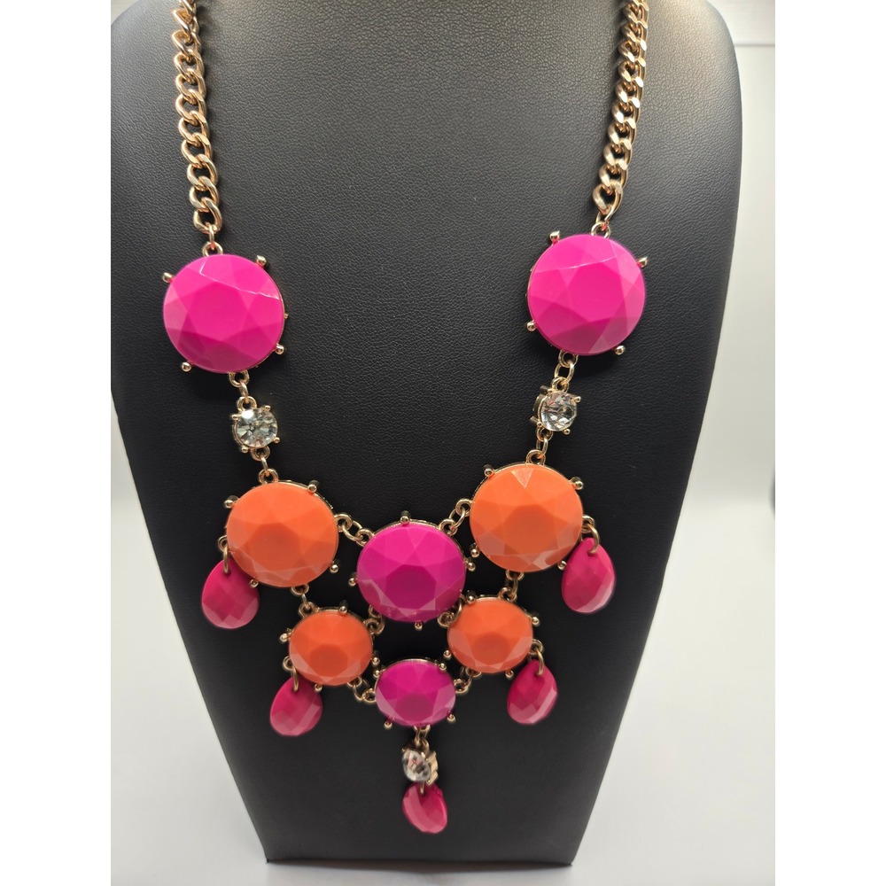 Pink Orange Statement Bib Necklace Gold Tone Curb Chain Neon Resin Stones
